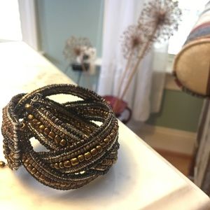 Gold brown beaded cuff bracelet